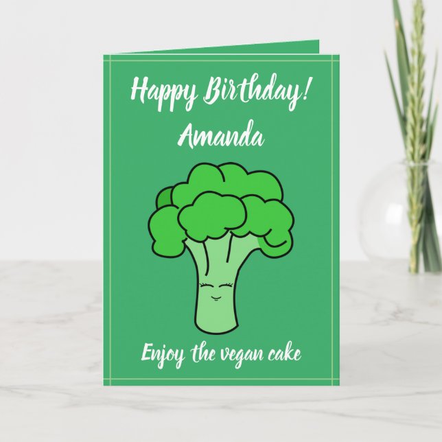 Tarjeta Gracioso Kawaii Verde Vegan Broccoli Cumpleaños (Anverso)