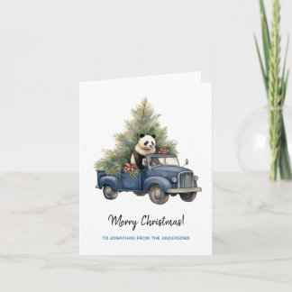 Tarjeta Gracioso Panda en Blue Retro Truck Xmas