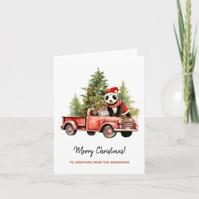 Tarjeta Gracioso Panda en Red Retro Van Xmas (Anverso)