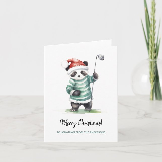 Tarjeta Gracioso Panda jugando a Navidades de golf (Anverso)