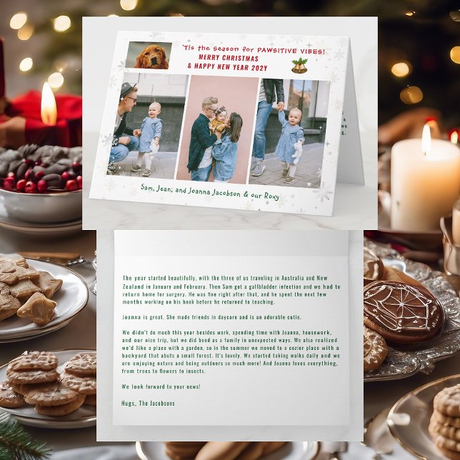 Tarjeta Gracioso perro gato visitante 3 fotos Minimalista  (Cute Elegant Funny Pet Dog Pawsitive Vibes Merry Xmas Happy New Year 4 Photos Snowflakes Letter)
