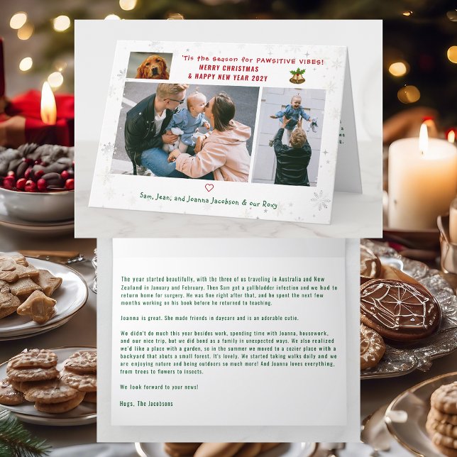 Tarjeta Gracioso perro gato visitante 3 fotos Minimalista  (Cute Elegant Funny Pet Dog Pawsitive Vibes Merry Xmas Happy New Year 3 Photos Snowflakes Letter)