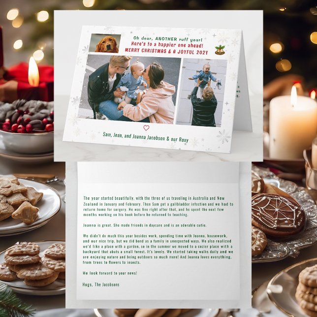 Tarjeta Gracioso Perro Ruff Año 3 Fotos Feliz Navidad (Cute Funny Modern Oh Dear Ruff Year Pet Dog Snow Merry Christmas Joyful New Year 3 Photos Letter )