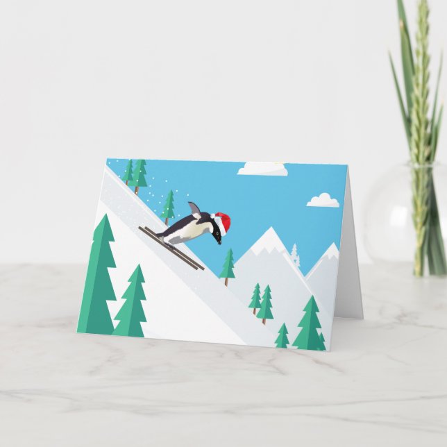 Tarjeta Gracioso Pingüino De Esquí De Navidad En Santa Hat (Anverso)