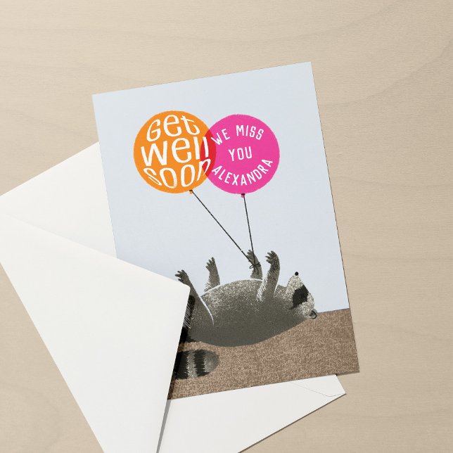 Tarjeta Gracioso, Ponte Bien Pronto Raccoon Balloons (funny dark humor get well soon card with dead raccoon and balloons tied to a foot)
