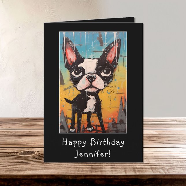 Tarjeta Gracioso resumen Boston Terrier Feliz Nacimiento (Subido por el creador)