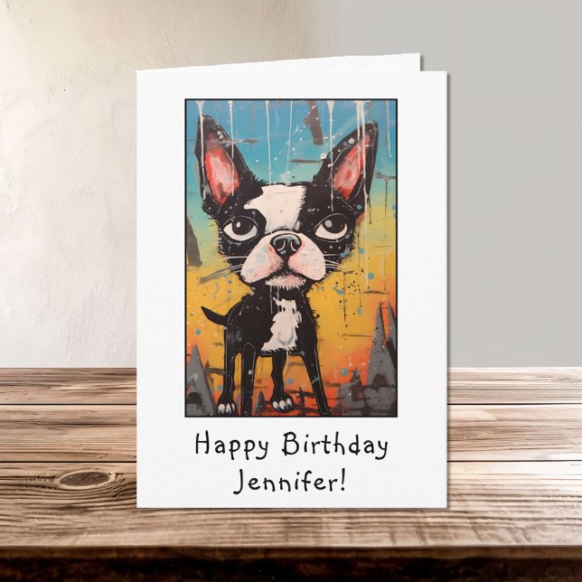 Tarjeta Gracioso resumen Boston Terrier Feliz Nacimiento (Subido por el creador)