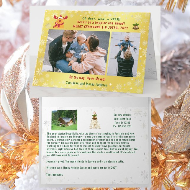 Tarjeta Gracioso Rudolph Oh Deer Hemos Mudado 3 Fotos Gold (Funny Rudolph Oh deer what a year Christmas card. 3 Photos. We've Moved. Elegant, golden. Cute Snow
)