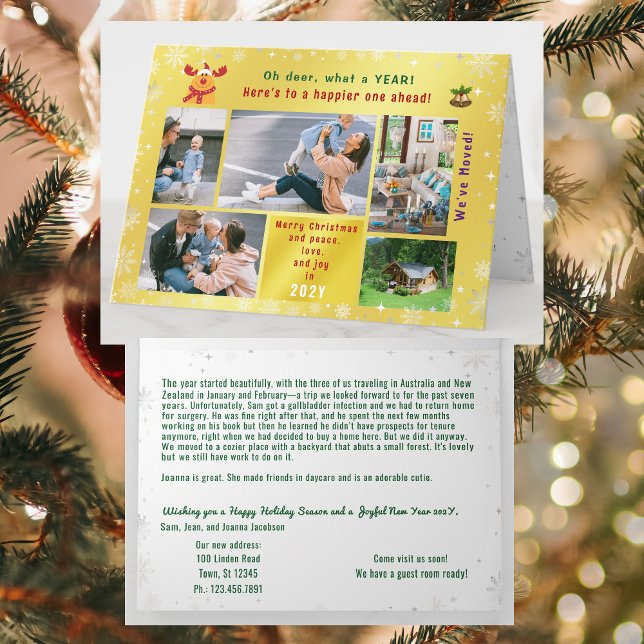 Tarjeta Gracioso Rudolph Oh Deer Hemos Mudado 5 Fotos Gold (Modern, elegant, funny Rudolph Xmas We've Moved Announcement. 5 Photos. Peace, Love, Joy. Snowflakes)