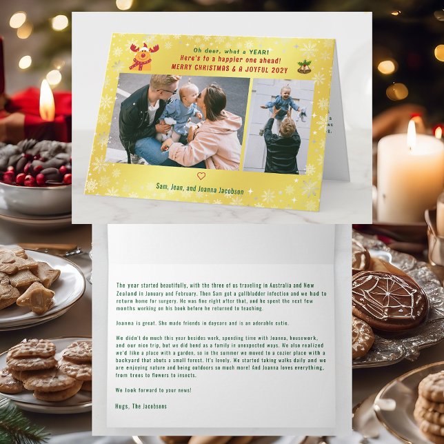 Tarjeta Gracioso Rudolph Oh Deer Merry Xmas 2 Fotos Golden (Cute Funny Modern Oh Deer What a Year Rudolph Snow Merry Xmas Joyful New Year 2 Photos Letter Golden)