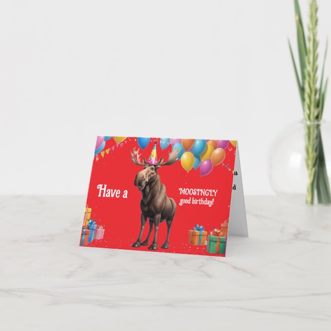Tarjeta Gracioso saludo de cumpleaños Moose con globos y r (Anverso)