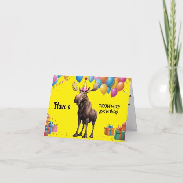 Tarjeta Gracioso saludo de cumpleaños Moose con globos y r (Anverso)