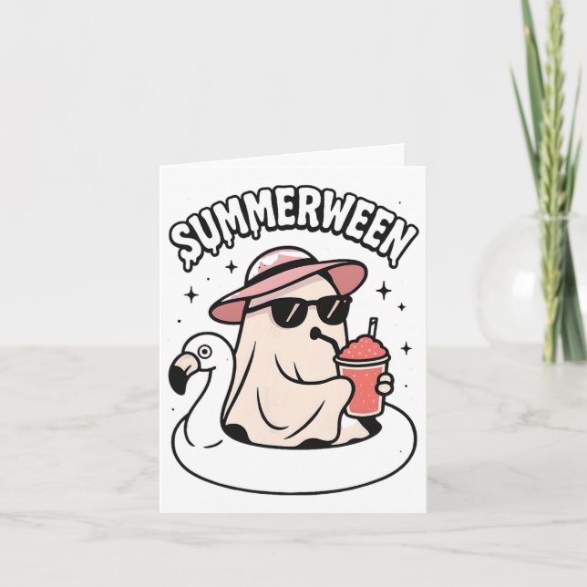 Tarjeta Gracioso Summerween Ghost Pink Flotando En Flaming (Anverso)