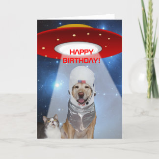 Tarjeta Gracioso tema espacial, cumpleaños de perro y gato