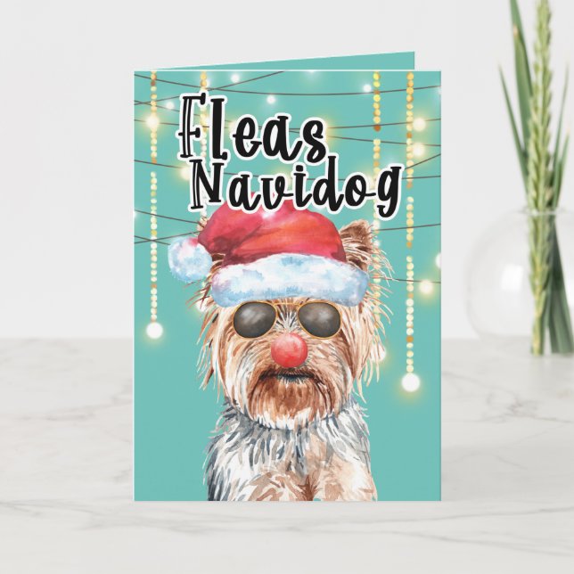 Tarjeta Gracioso Yorkie Santa en luces felices vacaciones (Anverso)
