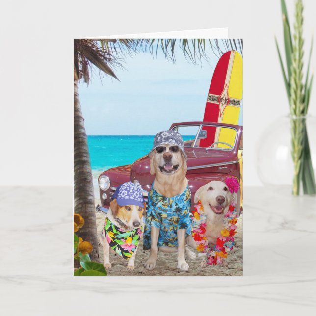 Tarjeta Graciosos perros Hawaianos/Surfistas Cumpleaños (Anverso)