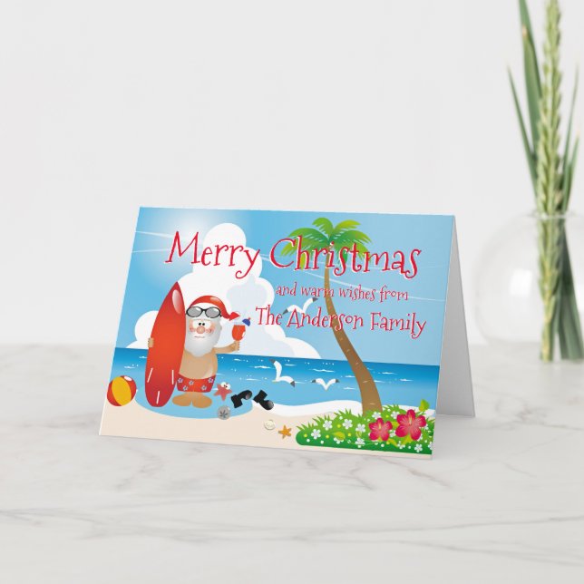 Tarjeta Graciosos saludos navideños en la playa (Anverso)
