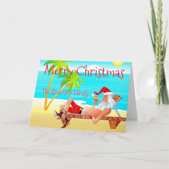 Tarjeta Graciosos saludos navideños en la playa (Anverso)
