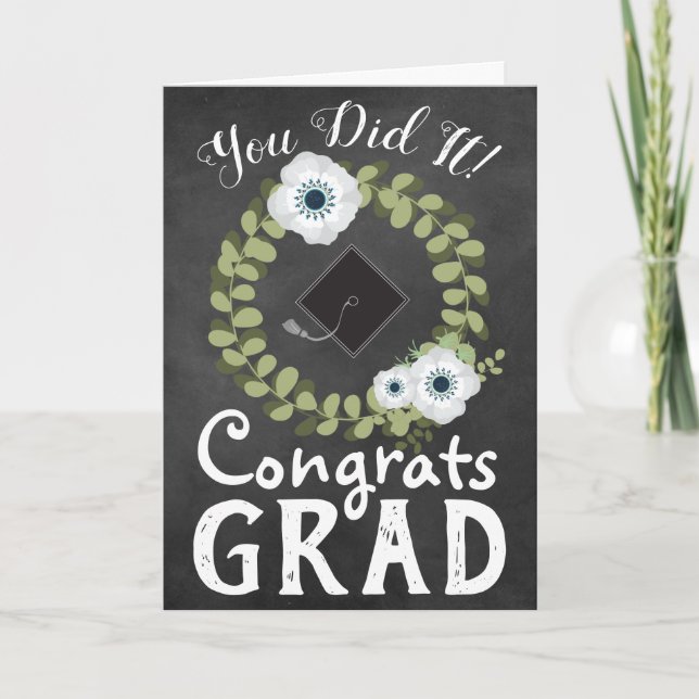 Tarjeta Grad Rustic Chalkboard y Flores (Anverso)