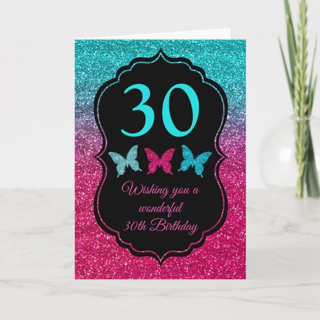 Tarjeta Gradiente Azul y Rosa Brillo Cumpleaños (Anverso)