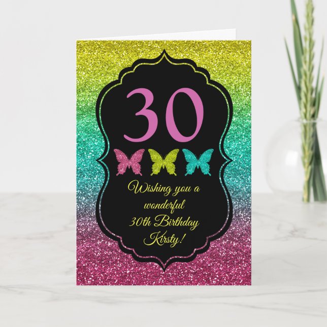 Tarjeta Gradiente de purpurina de arcoíris Feliz Cumpleaño (Anverso)