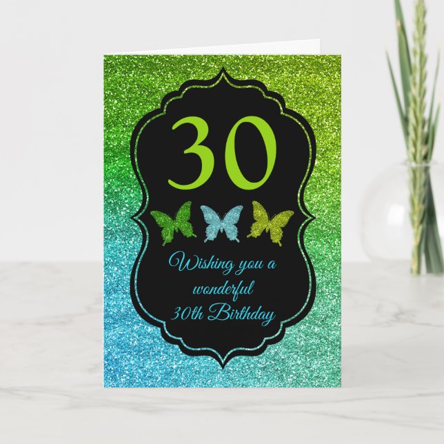 Tarjeta Gradiente Verde y Azul Brillo Cumpleaños (Anverso)