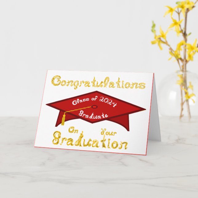 Tarjeta Grado Rojo Cap Oro Graduado Blanco Clase 2024 Gorr (flor amarilla)