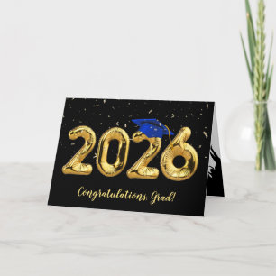 Tarjeta Graduación 2026 con gorra azul y confeti