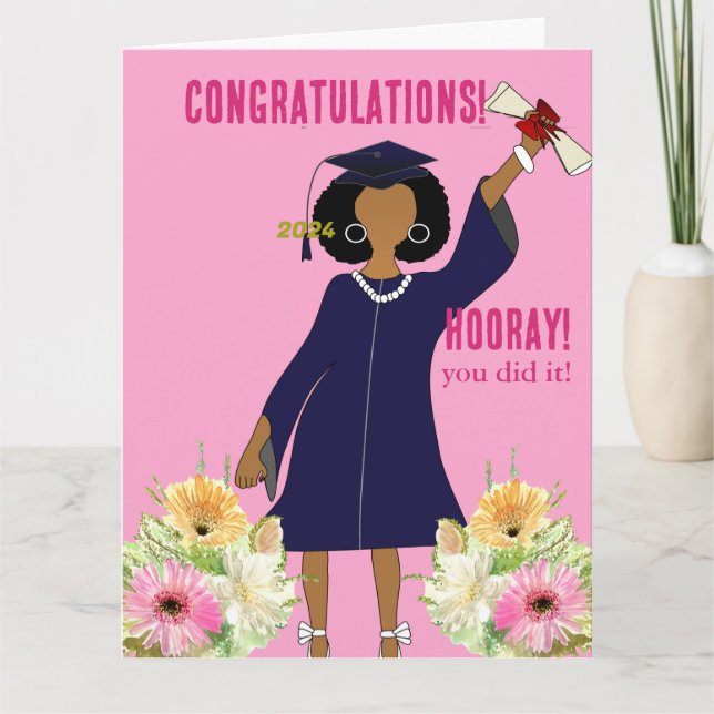 Tarjeta Graduación Amarilla floral de Chica afroamericano (Anverso)