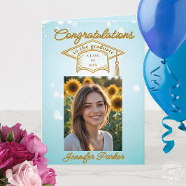 Tarjeta Graduación Azul Elegante con Foto y Acentos Dorado