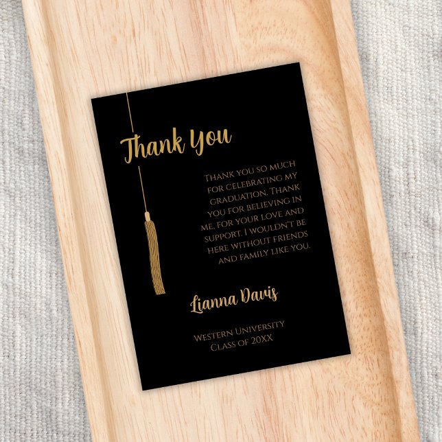 Tarjeta Graduación clásica de tacaño de oro negro gracias (graduation party thank you card elegant classic golden black tassel)