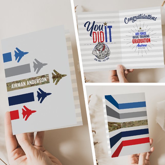 Tarjeta Graduación de capacitación básica de la Fuerza Aér (Air Force Basic Training BMT Graduation Card 326 TRS Bulldogs Jet Flight Formation front inside back)