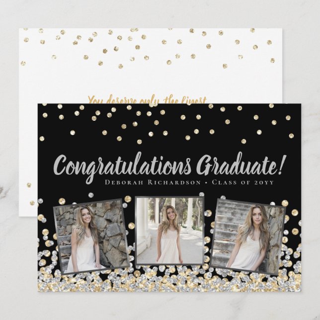 Tarjeta Graduación de Confetti de oro de plata de collage  (Anverso / Reverso)