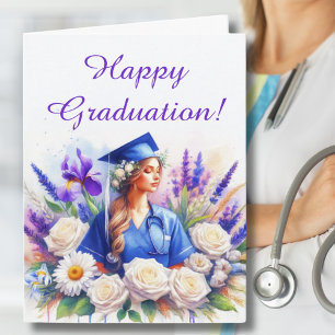 Tarjeta Graduación de enfermera con Iris, Margarita, Rosas