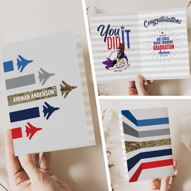 Tarjeta Graduación de entrenamiento básico de la Fuerza Aé (Air Force Basic Training BMT Graduation Card 324  TRS Knights Jet Flight Formation front inside back)