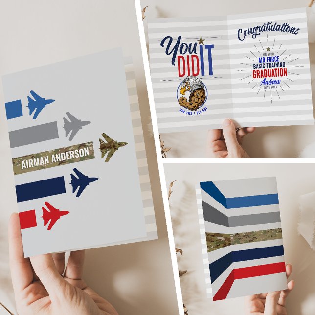 Tarjeta Graduación de entrenamiento básico de la Fuerza Aé (Air Force Basic Training BMT Graduation Card 322 TRS Eagles Jet Flight Formation front inside back)