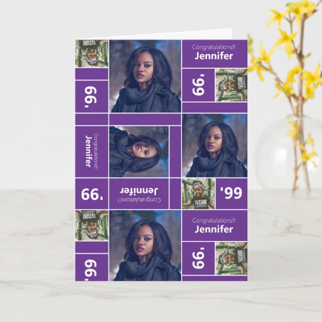 Tarjeta Graduación de fotografía cuadrada año púrpura (flor amarilla)