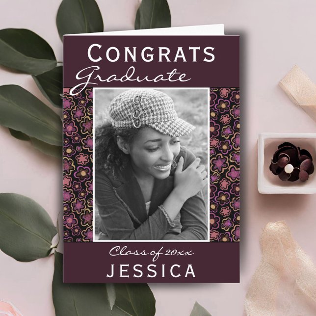 Tarjeta Graduación de fotografía del patrón de flor de gra (Subido por el creador)