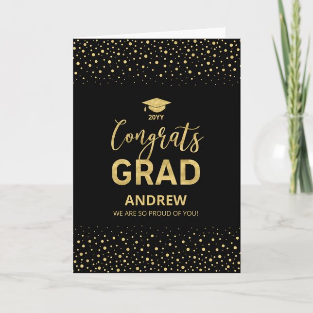 Tarjeta Graduación de Grado de Confetti de Oro y Negro (Anverso)