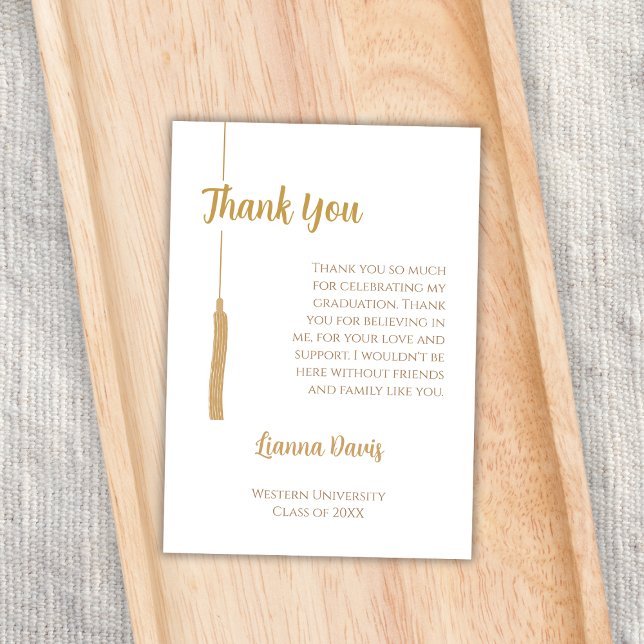 Tarjeta Graduación de Tassel de oro blanco clásico gracias (graduation party thank you card elegant classic golden white tassel)