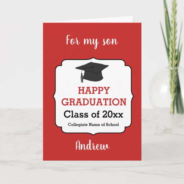 Tarjeta Graduación del hijo de felicitaciones rojas (Anverso)