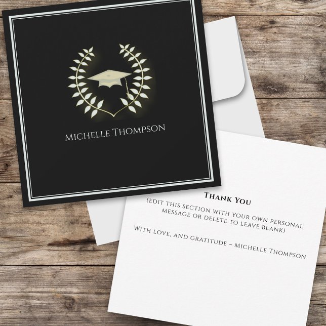 Tarjeta Graduación en negro y oro Gracias Personalizado (Black and gold classic graduation thank you card)