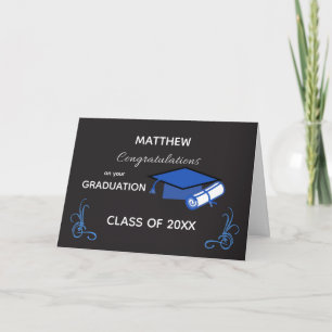 Tarjeta Graduación Felicitaciones Azul Real Gorra Negra