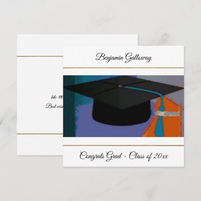 Tarjeta Graduación gráfica moderna Cap Purple Gold Flat (Anverso / Reverso)