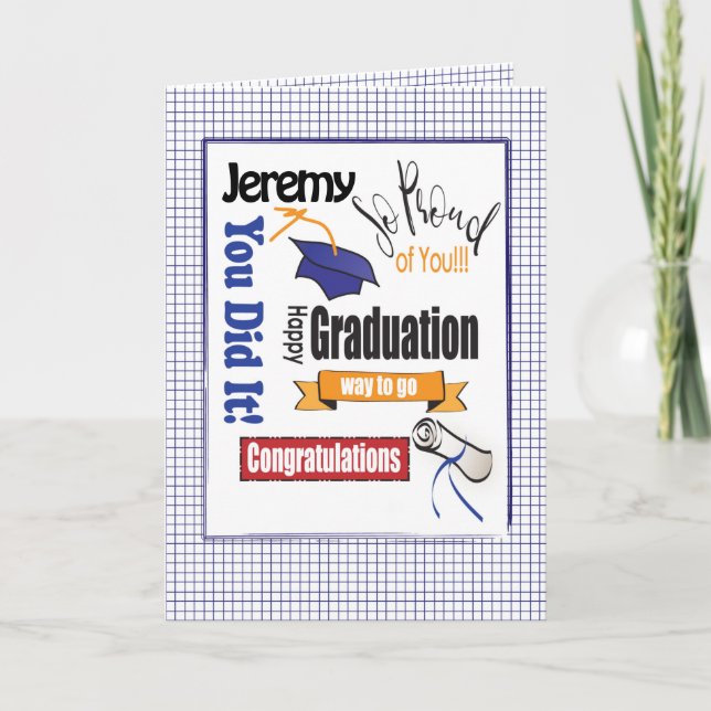 Tarjeta Graduación moderna azul en la Escuela Secundaria S (Anverso)