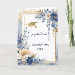 Tarjeta Graduación personalizada de Floral azul acuarela