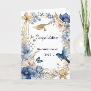 Tarjeta Graduación personalizada Floral Blue Hummingbird