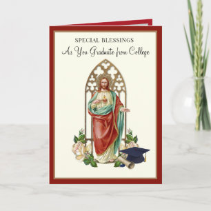 Tarjeta Graduación Religiosa Católica Corazón Sagrado Rosa