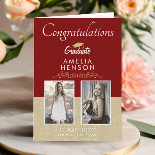 Tarjeta Graduación Rojo Dorado Rústico 2 Fotos Graduación