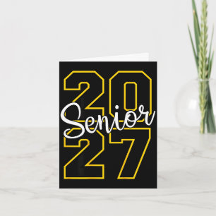 Tarjeta graduación Senior 2027 varsity negro y amarillo en